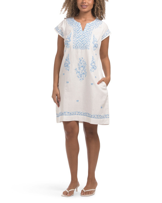 Linen Blend Short Sleeve Embroidered Mini Dress | TJ Maxx