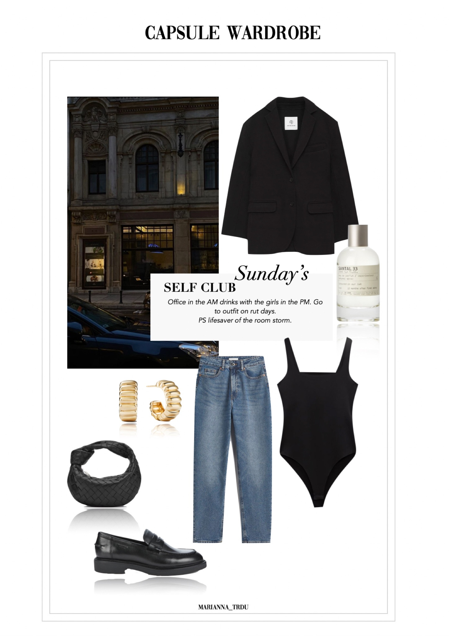 The AM/PM outfit 
Slim ankle straight jeans 
Black blazer
Gold dome hoops
Jodie bag 
Black leather loafers
Seamless bodysuit 
Le labo Santal 


#LTKSeasonal #LTKeurope #LTKstyletip