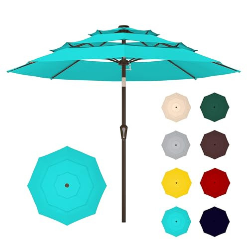 9FT 3-Tier Large Outdoor Patio Umbrella Market Table Umbrella-UV Resistant,Easy Push Button Tilt and Crank,8 Sturdy Fiberglass Ribs Heavy-Duty Pool Umbrella for Deck,Backyard,Garden,Yard,Light Blue | Amazon (US)