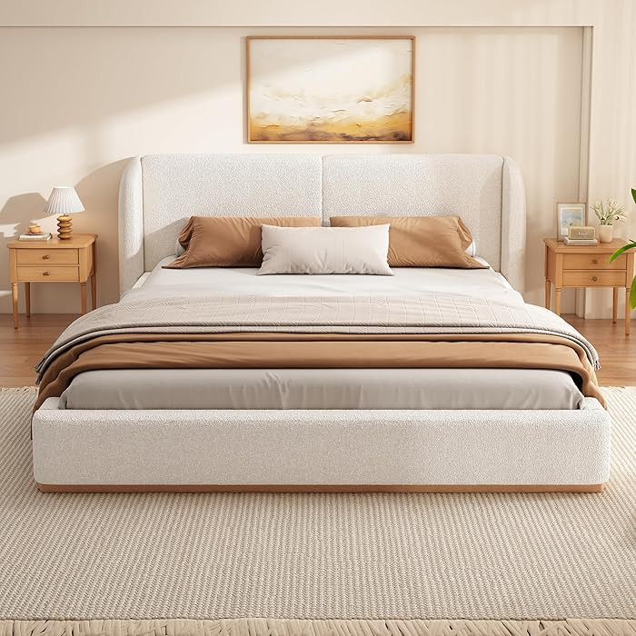 Merax Boucle Upholstered King Size Bed Frame with Wingback Headboard, Contemporary Aesthetic Plat... | Amazon (CA)