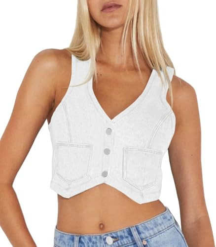 PLNOTME Womens Denim Vest Button Down Cropped Jean Top Sleeveless V Neck Vintage Tank with Pockets White | Amazon (US)