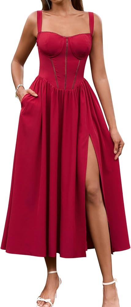 KUTUMAI Floral Corset Midi Dress Flowy Slit Summer Spring Wedding Guest Dresses for Women Sundres... | Amazon (US)