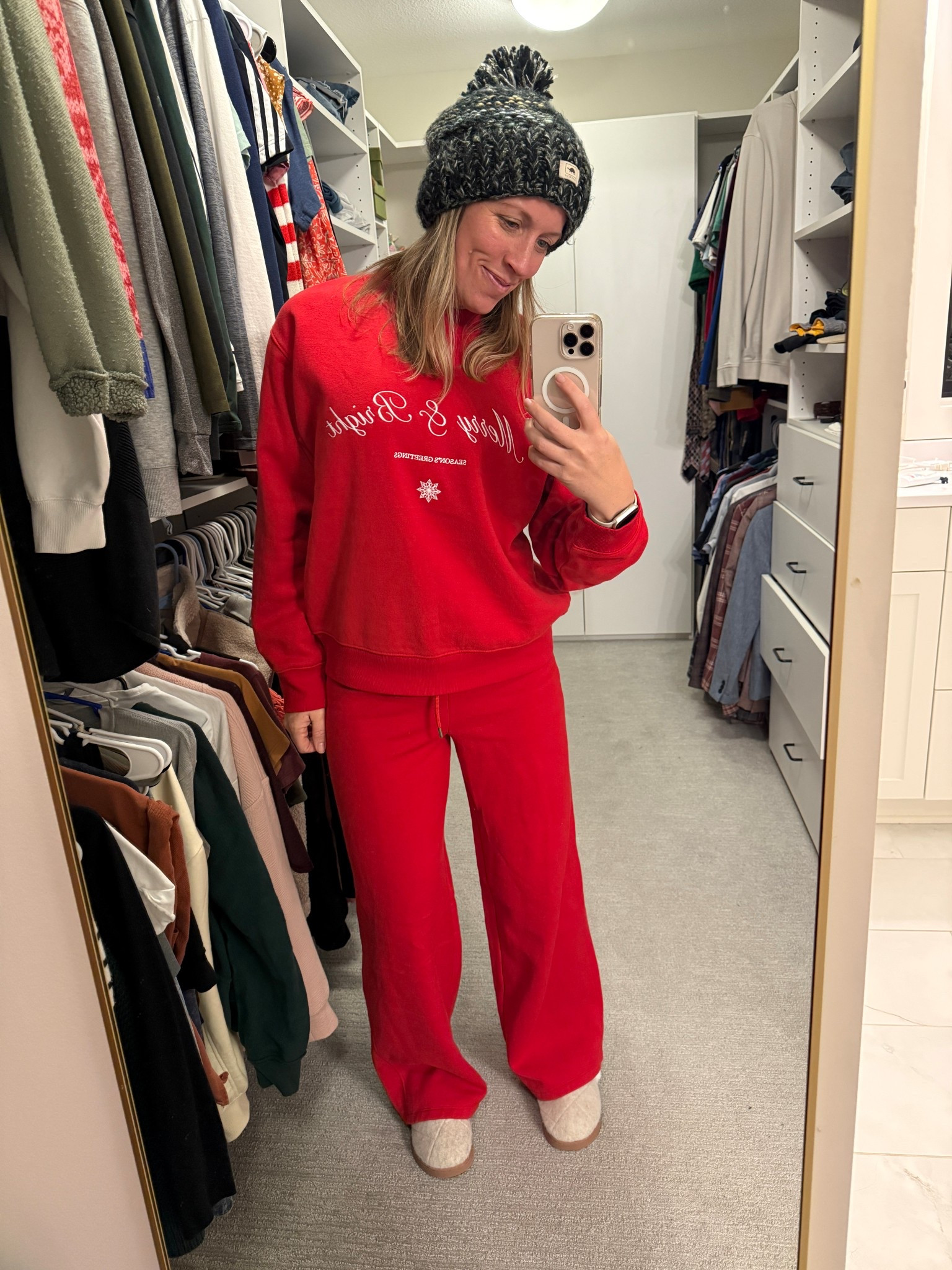 I will be lounging in this all season! This is actually my SECOND pair of these sweatpants. I bought them in green a few weeks ago, and they are so flowy and comfy and I keep grabbing for them. So I went back to get another pair! I grabbed the matching sweatshirt too! Merry & Bright! These house slippers are from Target too and I love them and wear them every day!

#LTKHoliday