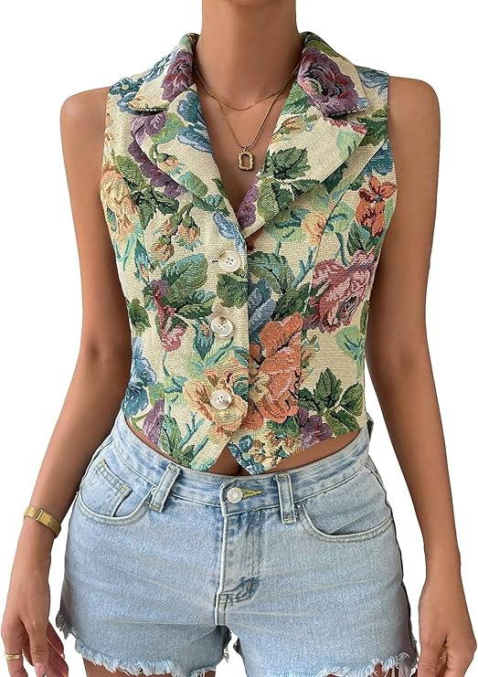 WDIRARA Women's Floral Print Lapel Neck Button Front Sleeveless Casual Crop Vest Blazer | Amazon (US)