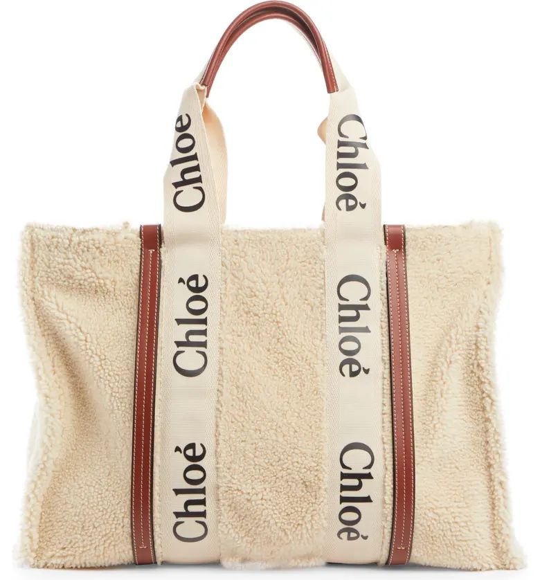 Large Woody Logo Strap Genuine Shearling Tote | Nordstrom