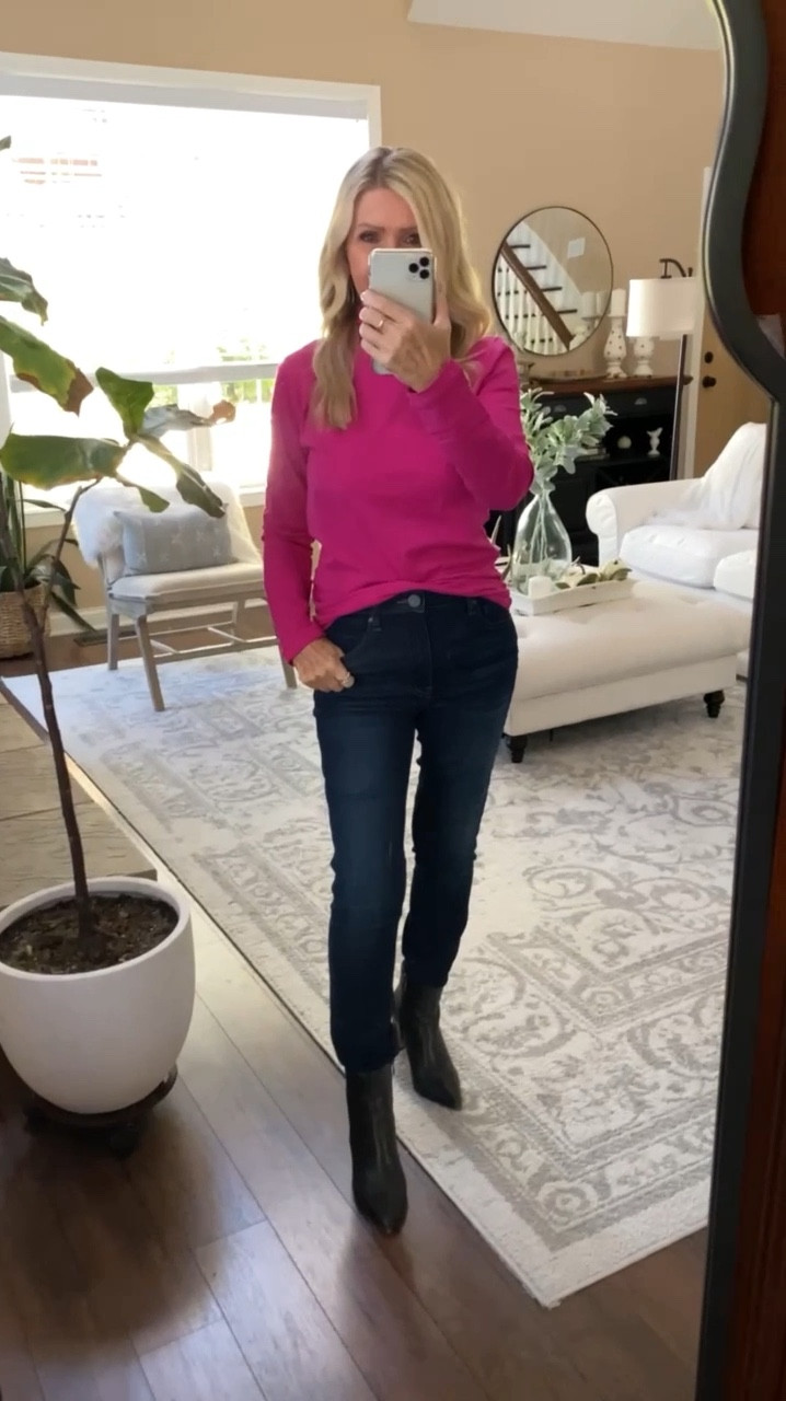 Effortlessly chic! 💖 This hot pink turtleneck brings the pop of color you need, perfectly paired with dark wash high-rise jeans and black suede ankle boots for a look that’s equal parts bold and sophisticated. #FallFashion #EffortlessStyle

#LTKCyberWeek #LTKStyleTip #LTKSaleAlert
