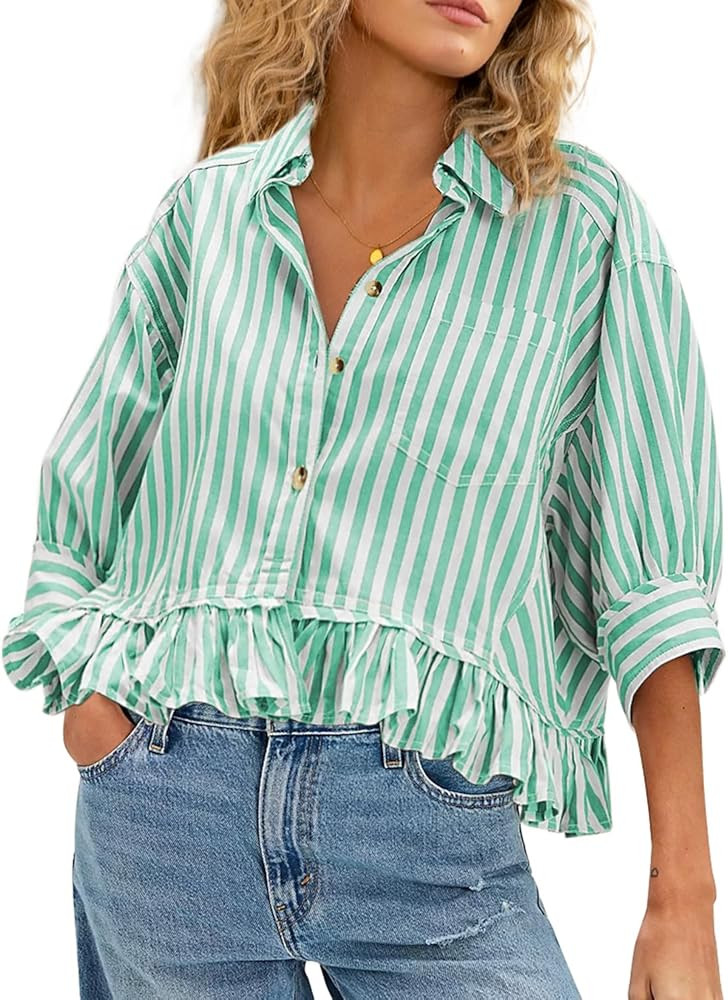 CHYRII Womens Summer Tops Dressy Casual Blouse Top Ruffled Short Sleeve Button Down Striped Shirt | Amazon (US)
