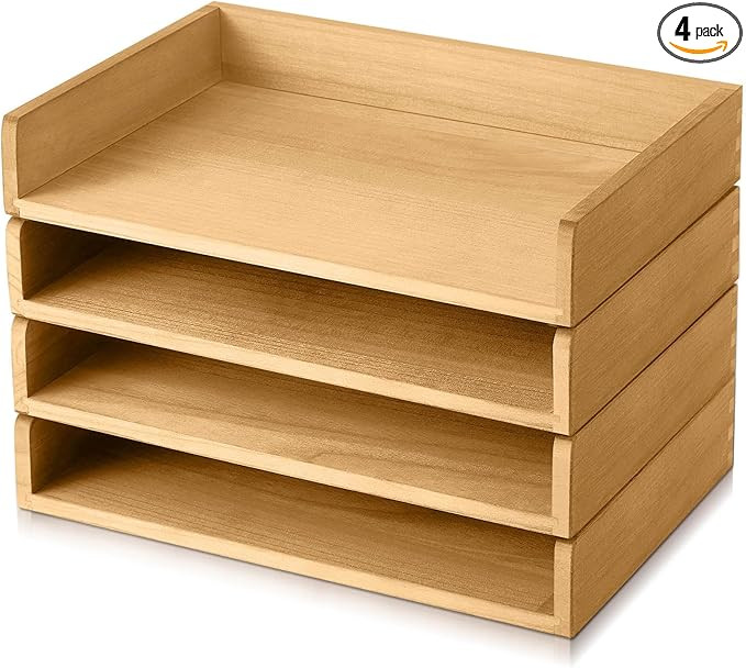 Yeaqee 4 Pcs Stackable Paper Organizer Tray Wood Desk Organizer Letter Tray Desktop Letter Size O... | Amazon (US)