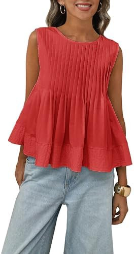 Womens Summer Pleated Peplum Sleeveless Blouse Tank Tops Round Neck Y2K Babydoll Blouse Shirt | Amazon (US)