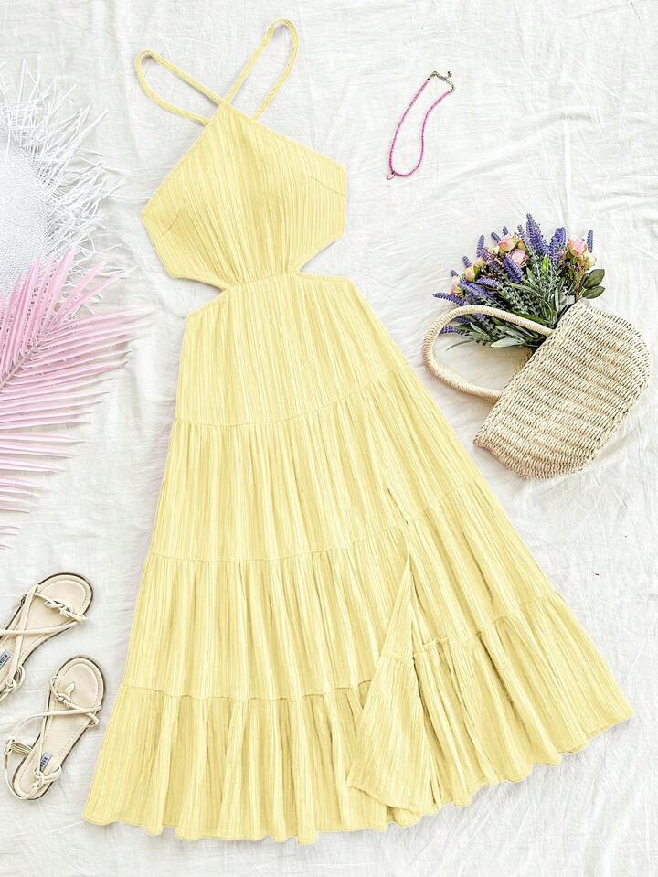 SHEIN WYWH Vestido de playa informal de tela con textura de corte en la cintura, cuello colgante ... | SHEIN