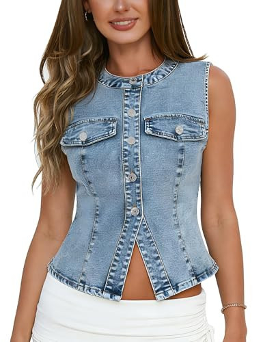 POTILI Jean Vest Top for Women Button Down Sleeveless Denim Jacket Slit Slim Tank Top Y2k Summer Casual Western Country Denim Waistcoat Light Blue | Amazon (US)