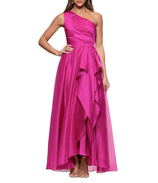 One Shoulder Cascading Side Ruffle Organza A-Line Maxi Dress | Dillard's
