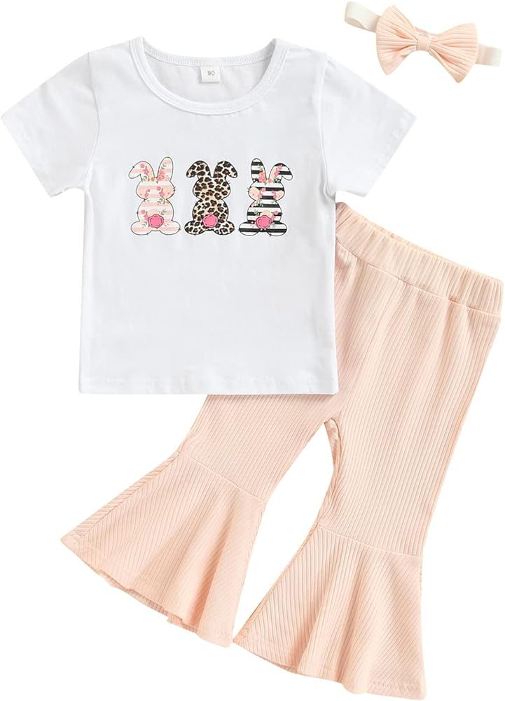 3Pcs Toddler Baby Girls Easter Outfit – Cute Bunny Printed Short Sleeve Shirt Bell Bottom Pant Bowkn | Amazon (US)