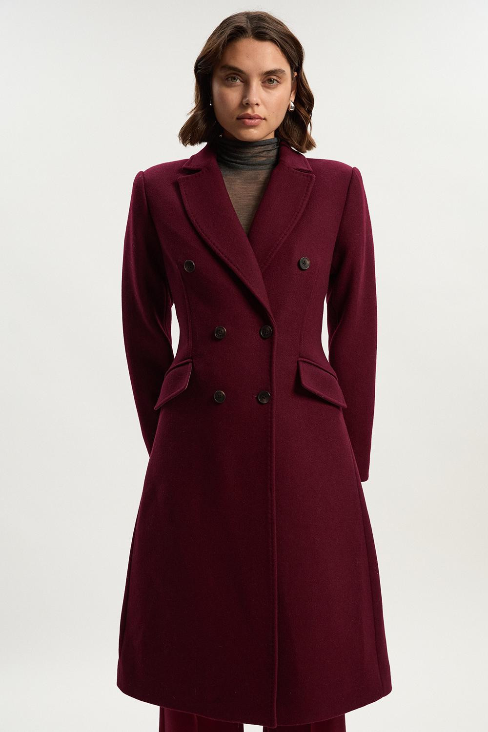 Wool Fitted Double Breasted Tailored Midi Coat | Karen Millen UK + IE + DE + NL
