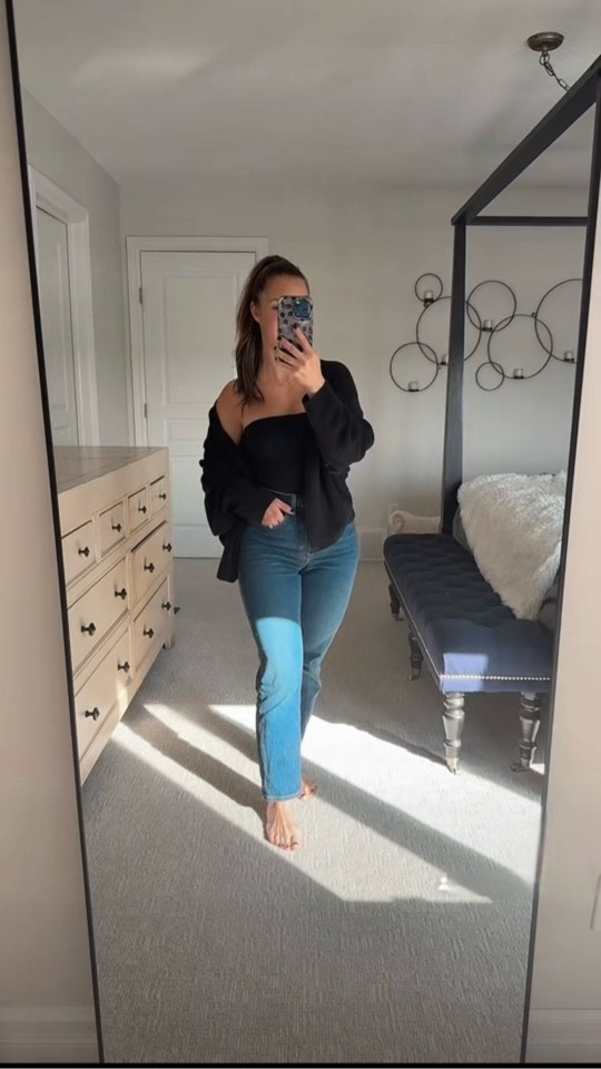 Wearing a strapless tube top from Amazon, Dynamite jeans, and my Aritzia belt. The oversized black cardigan is an older Lululemon piece (similar ones linked). Easy casual outfit that works for errands, coffee, or travel.

#LTKActive #LTKPetite #LTKdayinmylife