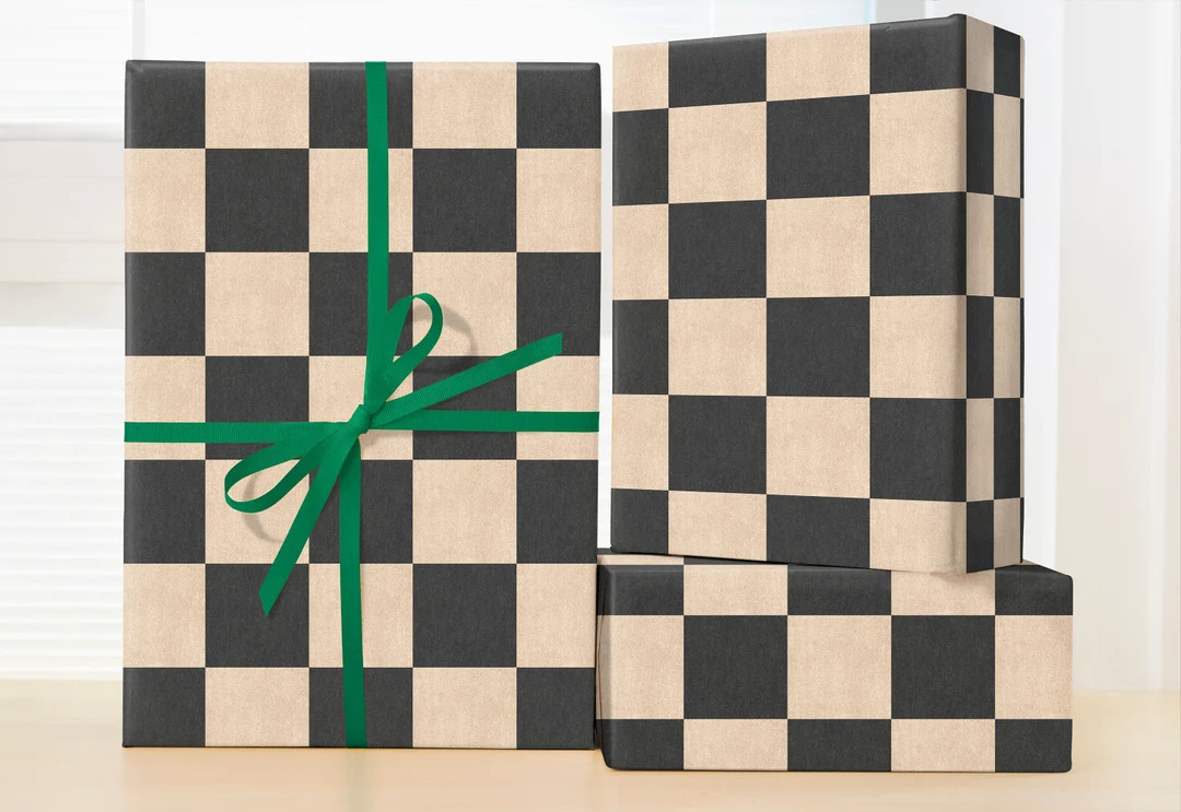 Vintage Black & Pastel Beige Checker Wrapping Paper Roll - Etsy | Etsy (US)