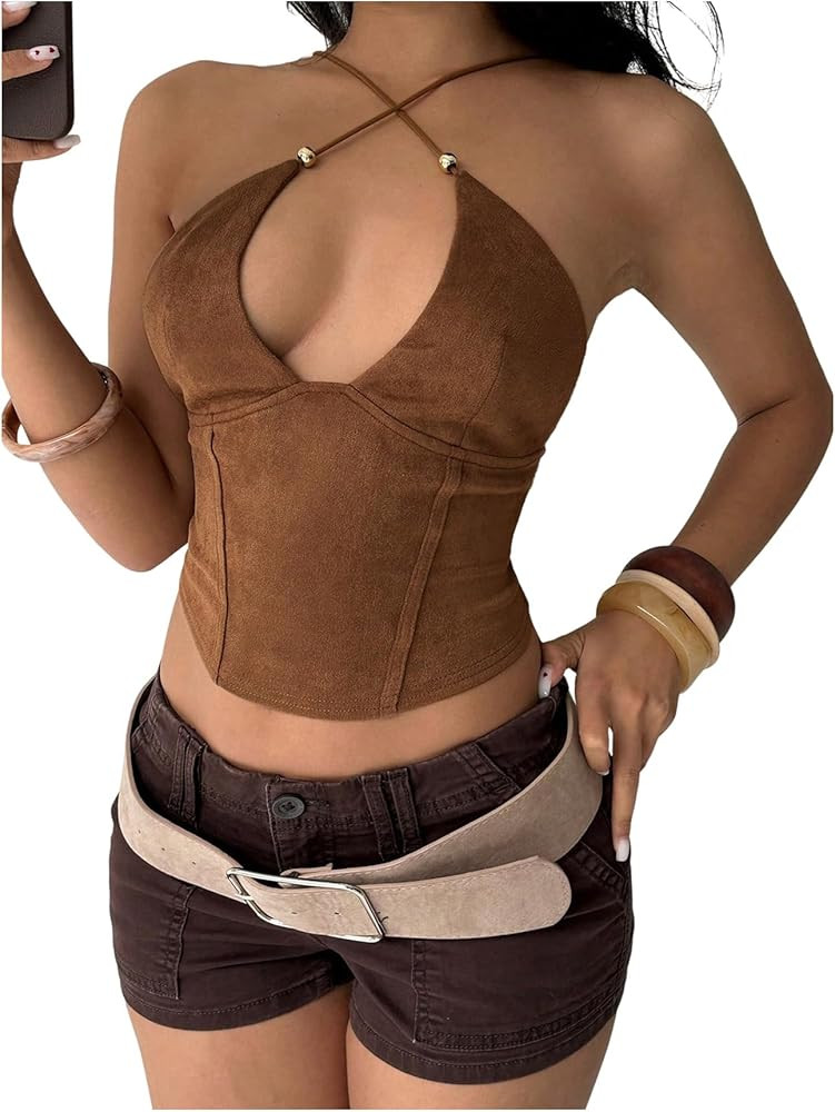 Verdusa Women's Western Suede Crisscross Halter Tops Cut Out Backless Going Out Tops | Amazon (US)