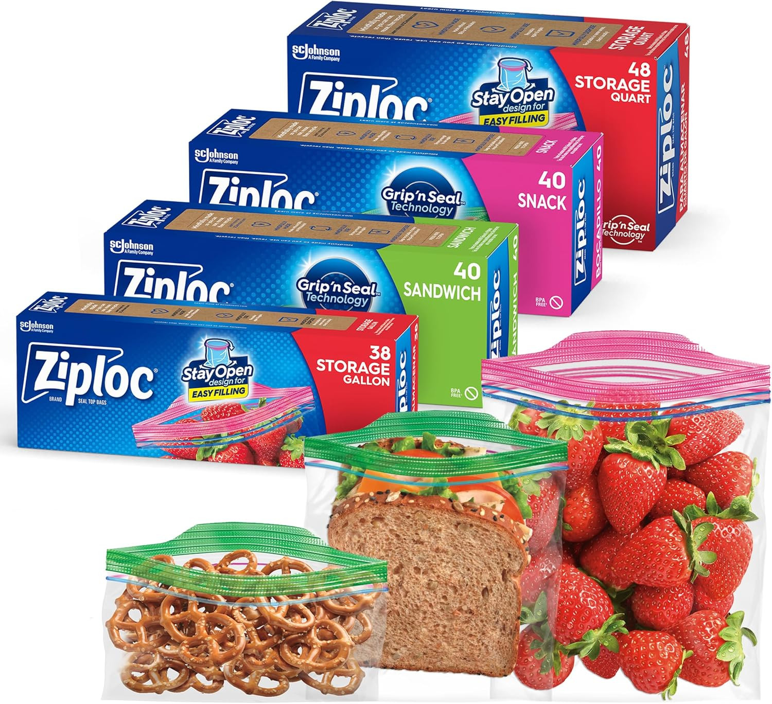 Ziploc Food Storage and Sandwich Bags Variety Pack, Stay Open Design with Stand-Up Bottom, Easy t... | Amazon (US)