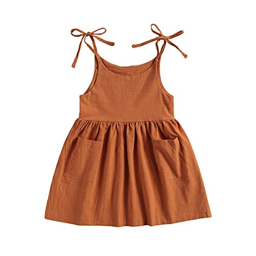 TIMOGG Toddler Baby Girl Cotton Linen Solid Dress Sling Bow Summer Skirt Casual Beach Girls Sundress with Pockets Overall Dress (Caramel Colour, 5-6 Years) | Amazon (US)