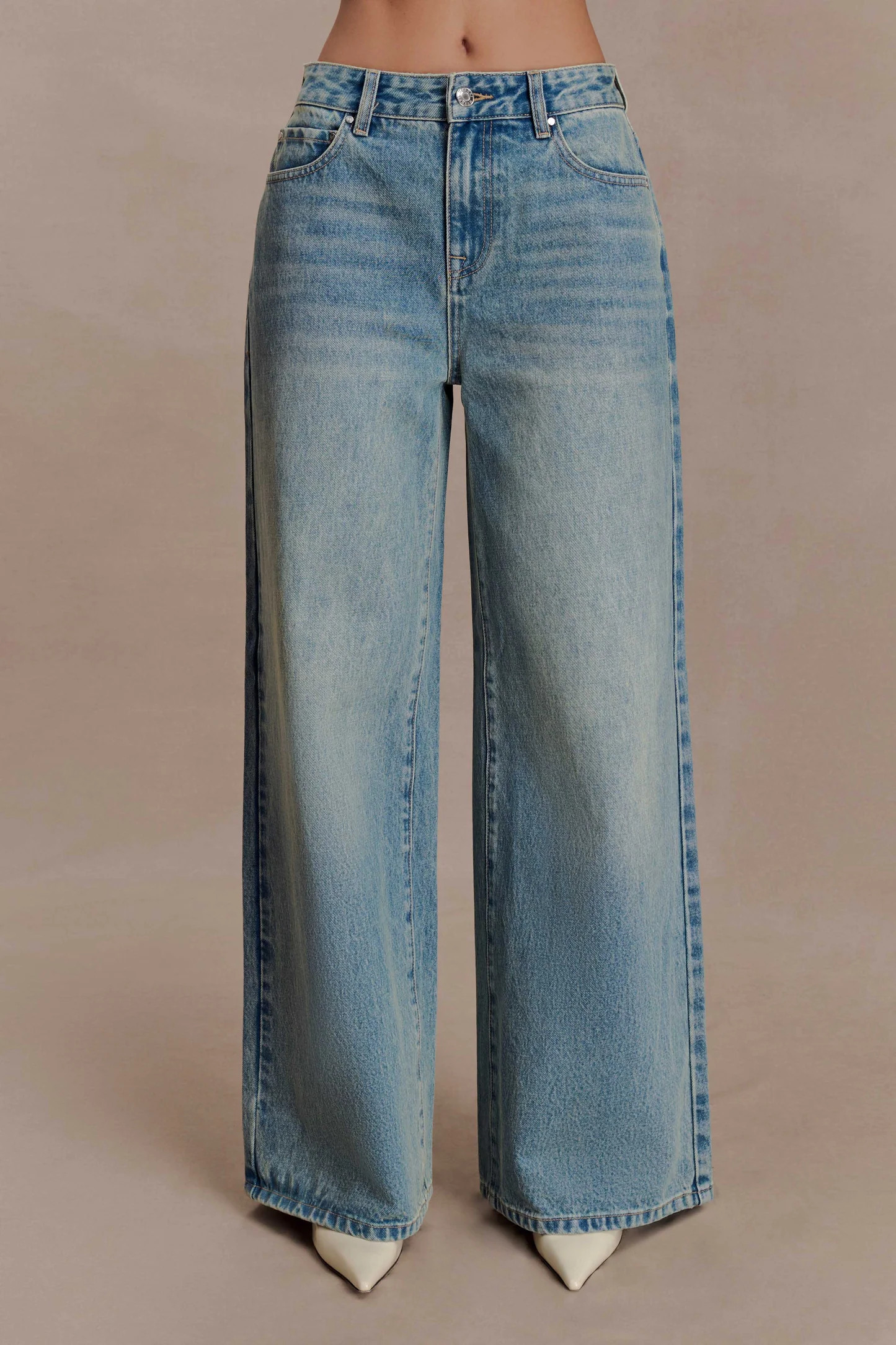 Romi Mid Rise Wide Leg Jeans - Faded Mid Blue | Meshki UK