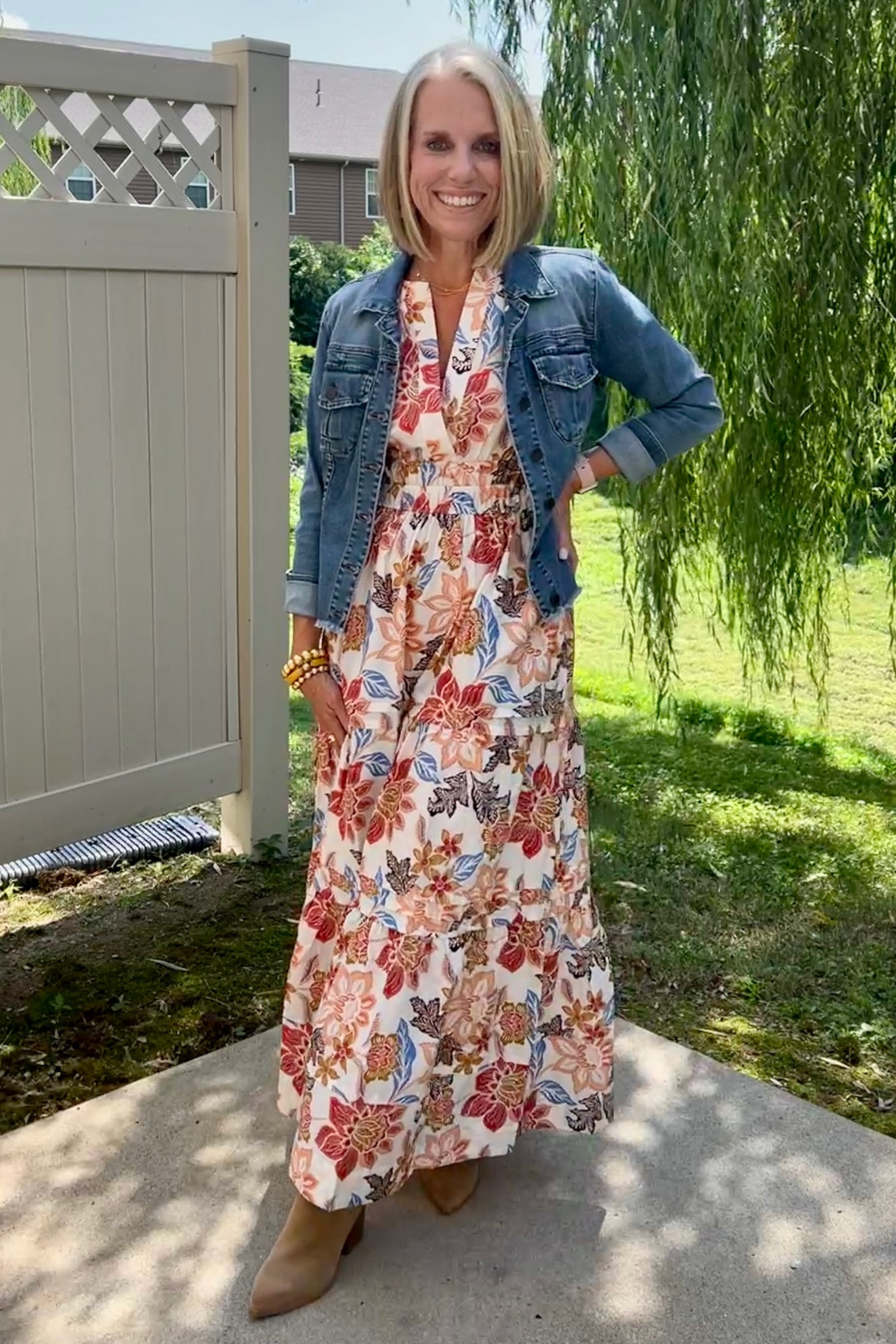 casual floral maxi dress with denim jacket Denim Jacket and Fall Floral Dress