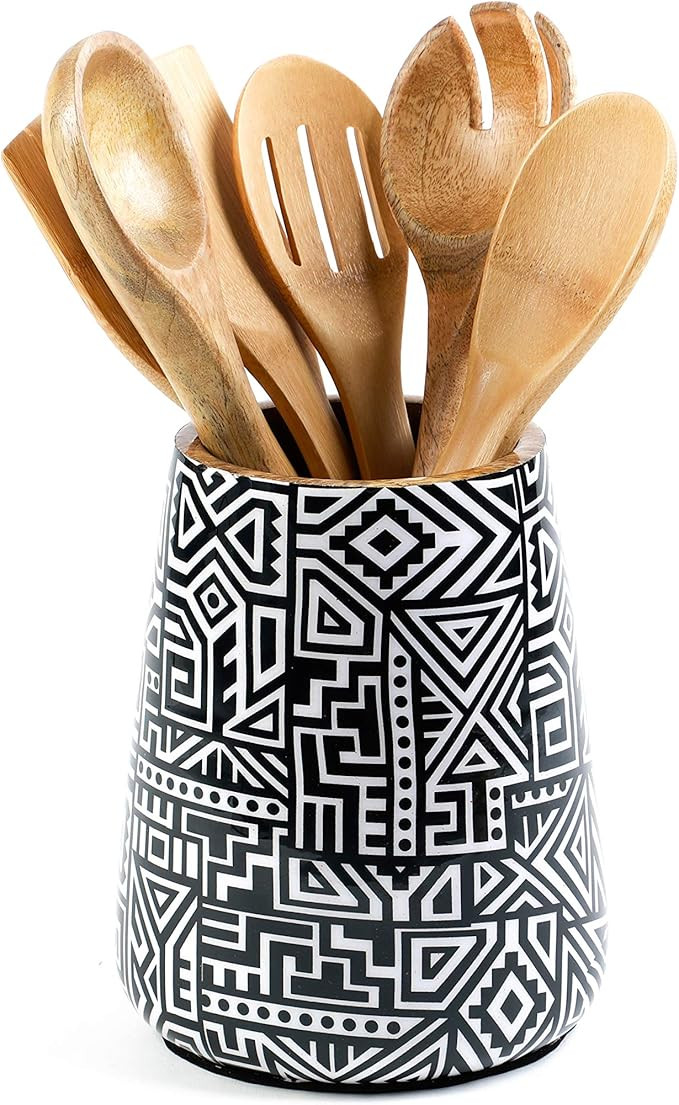 Kitchen Utensil Holder or Utensil Crock, Large Decorative Wooden Utensil Organizer for Spatula, S... | Amazon (US)