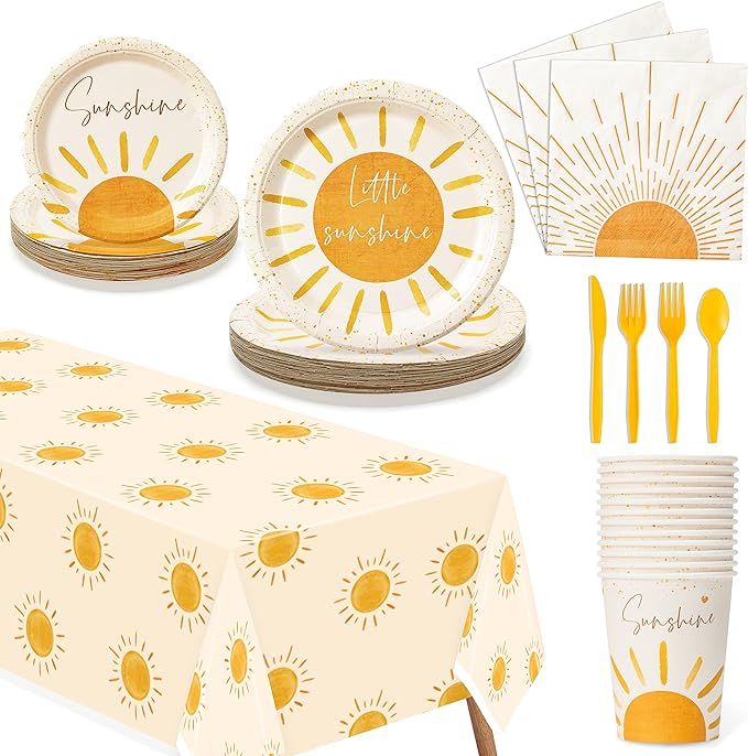WATINC 170pcs First Trip Around the Sun Boho Party Tableware Set, Sunshine Birthday Table Decorat... | Amazon (US)