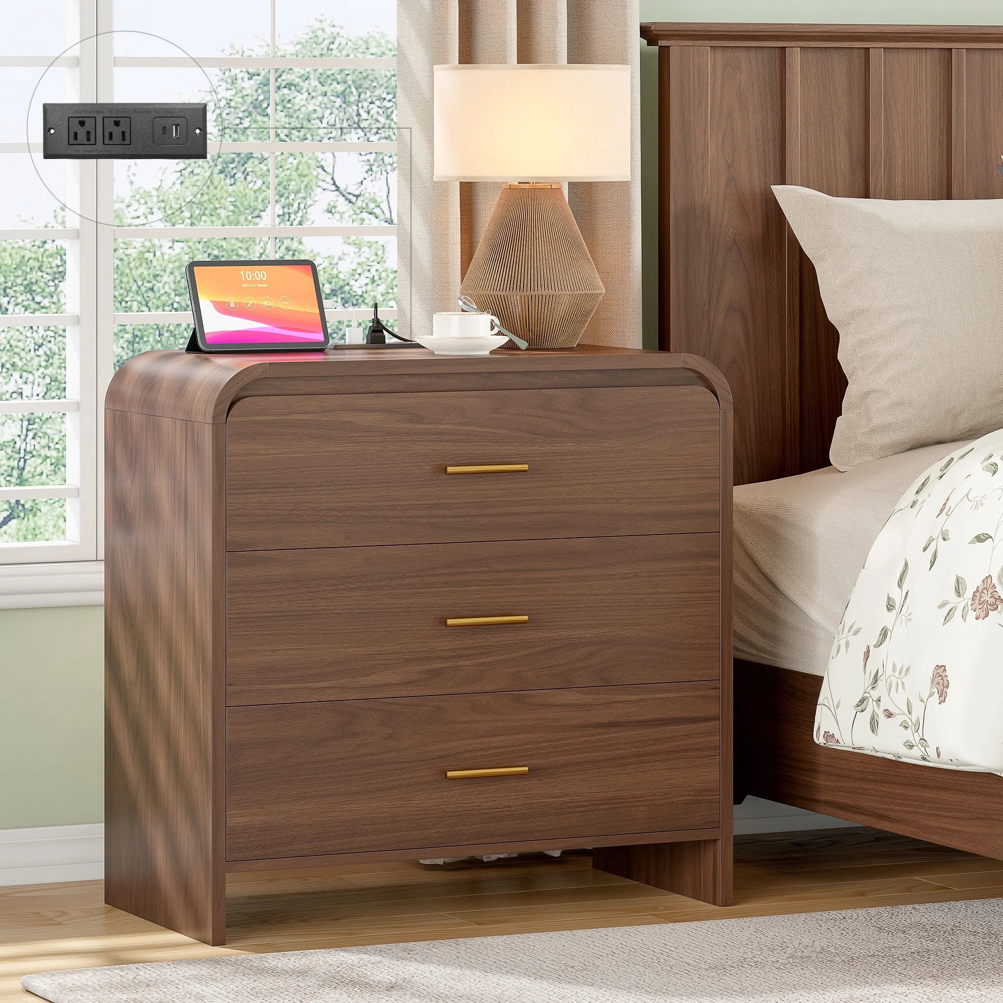 3 Drawers Oversized Night Stand, Mid Century Modern Bedside Table With Charging Station, 31.5''W ... | Walmart (US)
