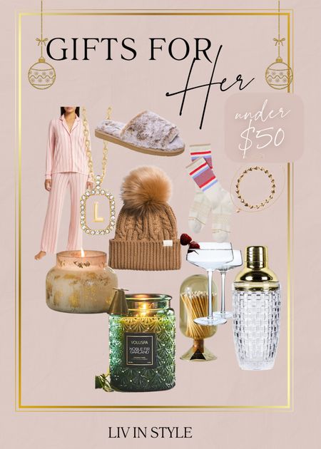 Holiday Gift Guide for Her all under $50! Candle, pajamas, shaker, glassware, bracelet, necklace, hat, slipper 

#LTKSeasonal #LTKGiftGuide #LTKHoliday