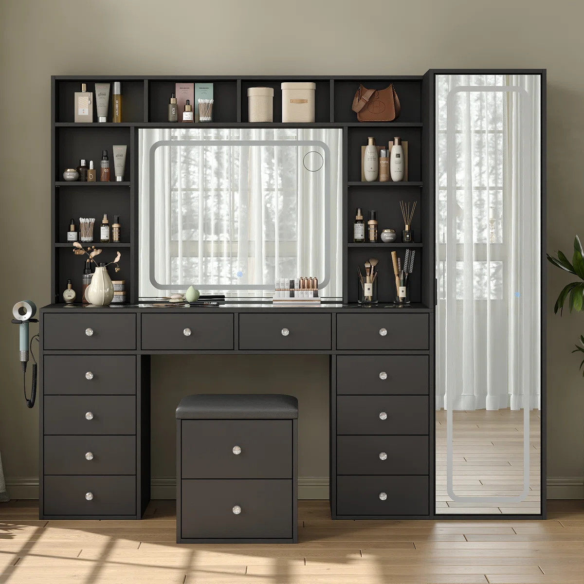 Desk Full Length Mirror & LED Mirror With Power Outlet, Makeup Jamair 12 Drawers And 10 Open Stor... | Wayfair North America