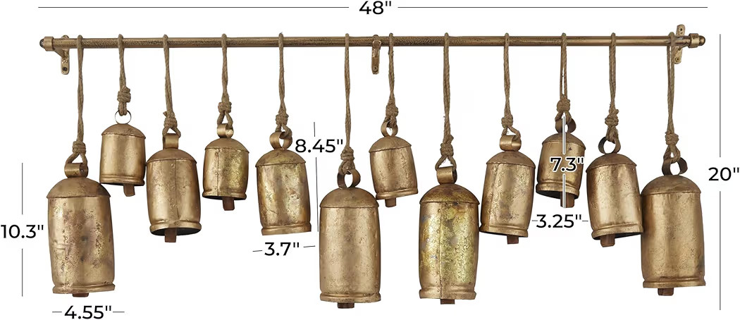 Deco 79 Metal Decorative Cow Bells Tibetan Inspired with 12 Bells on Jute Hanging Ropes and Rod, 48" x 6" x 20", Gold | Amazon (US)