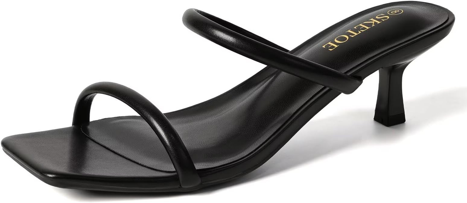 Square Toe Kitten Heels for Women Comfortable Two-Strap Open Toe Sandals with Padded Footbed | Amazon (US)