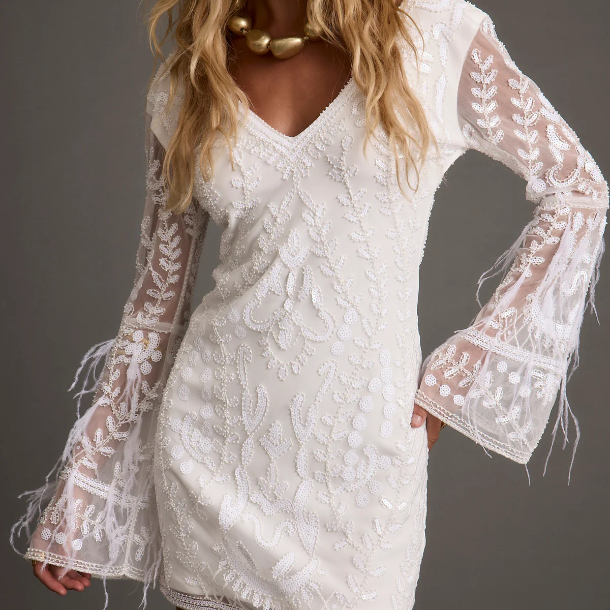 Larisa White Printed Sequin Long Sleeve Dress | 12th Tribe