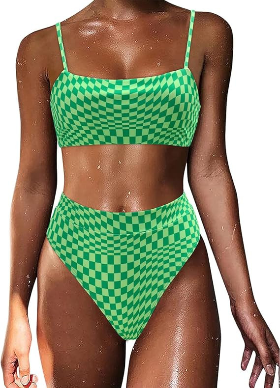 MOSHENGQI Women High Wasited Bikini Shoulder Strap 2 Piece High Cut String Swimsuits | Amazon (US)