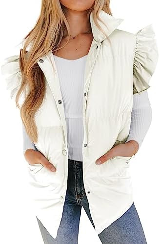 Valphsio Women's Puffer Vests Ruffle Sleeve Winter Button Down Padded Gilet with Pockets | Amazon (US)