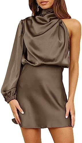 Women's Satin Long Sleeve One Shoulder Mini Dress Silk One Sleeve Turtle Neck Cut Out Cocktail Sh... | Amazon (US)