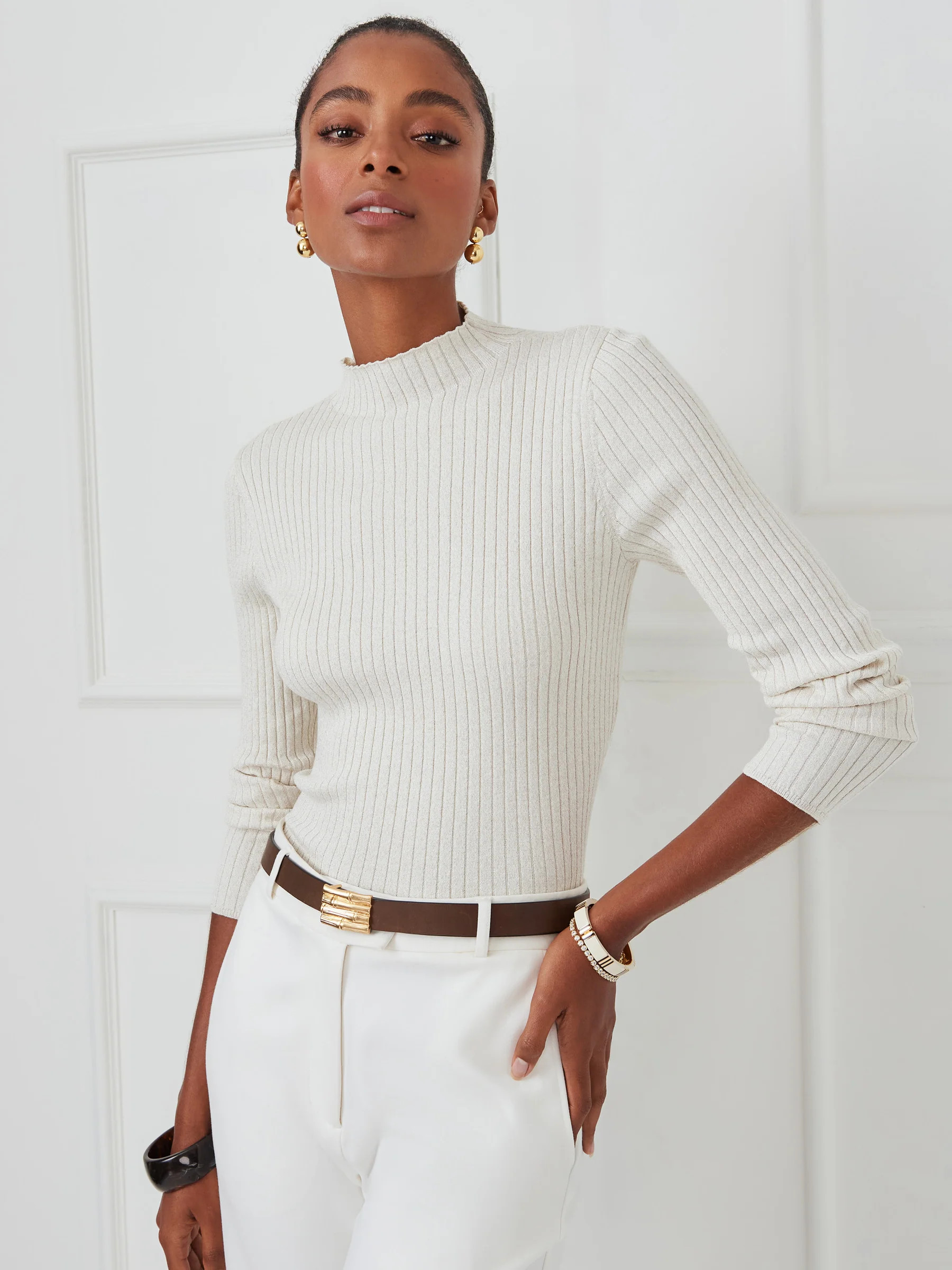 Champagne/Gold Solid Neve Metallic Sweater | Women's Sweaters | J.McLaughlin | J.McLaughlin