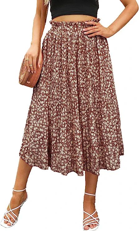 Naggoo Women's Skirts High Elastic Waisted Casual Skirt Pleated Floral/Solid Midi Skirts with Poc... | Amazon (US)