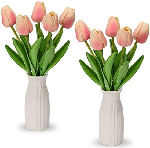 Briful 2 Packs Faux Flowers Artificial Tulips with Ceramic Vase, Poly Foam Pink Tulips Real Touch... | Amazon (US)