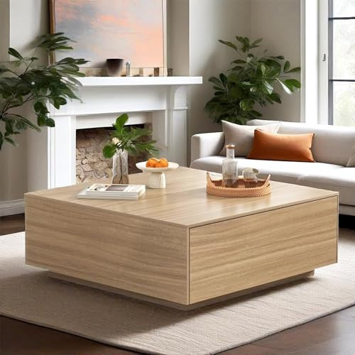 chartustriable 43” Square Coffee Table with Storage, 43" D x 43" W x 17" H Modern Large Square Center Table with 2 Drawers, Wood Coffee Table for Living Room, Light Brown,Bedroom,Light Brown | Amazon (US)