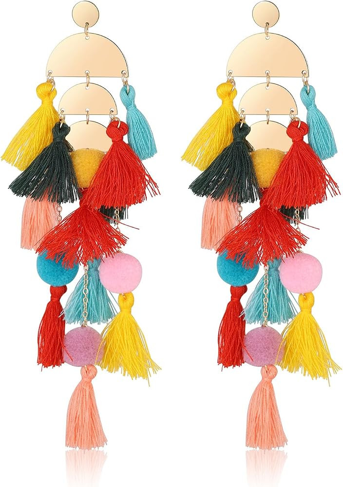 Boho Colorful Tassel Long Earrings Dangling for Women | Amazon (US)