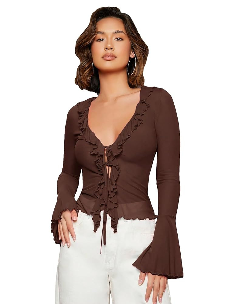 GORGLITTER Women's Bell Sleeve Tie Front Mesh Tops Sheer Cardigan Ruffle Going Out Concert Wester... | Amazon (US)