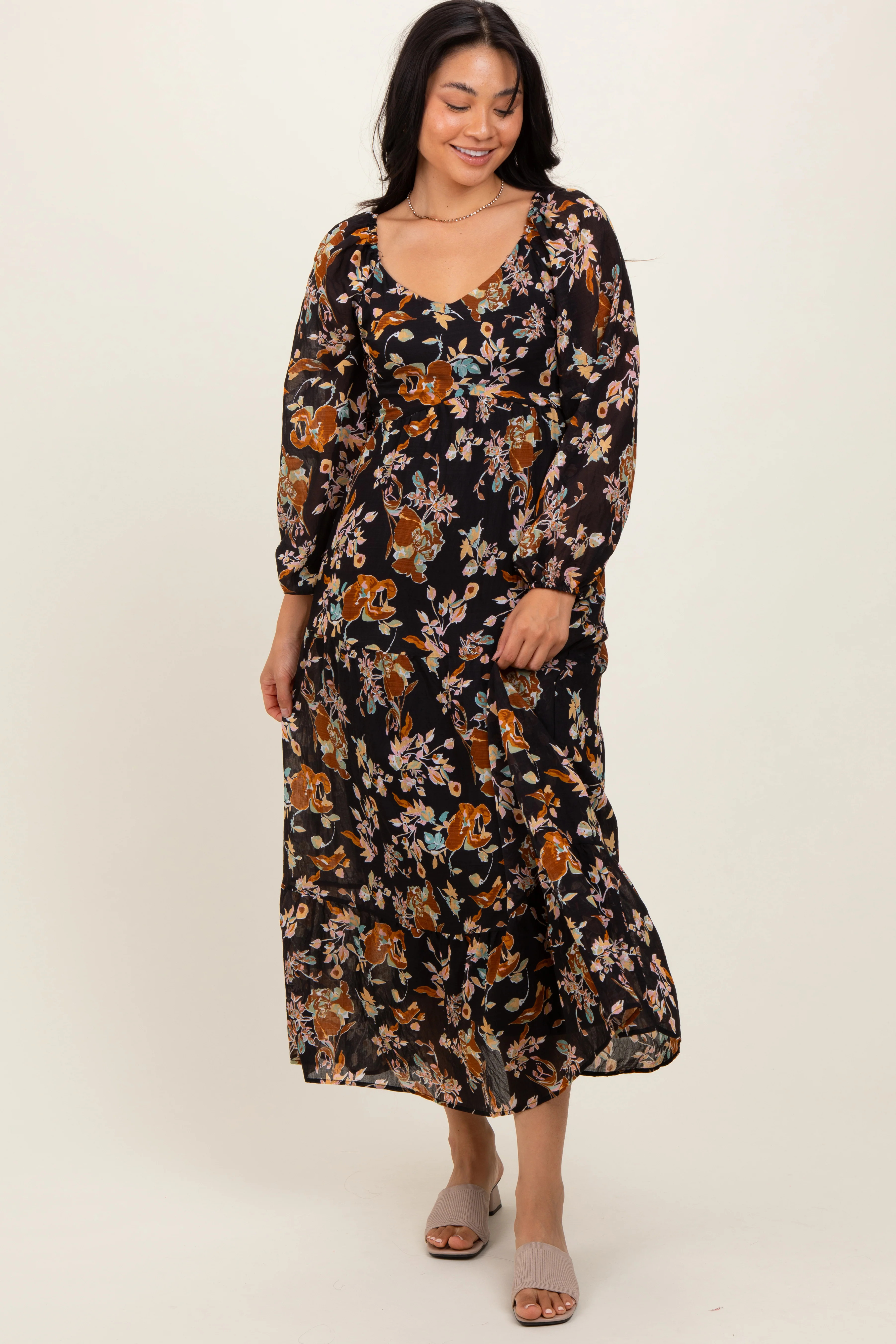 Black Floral V-Neck Long Sleeve Midi Dress | PinkBlush Maternity