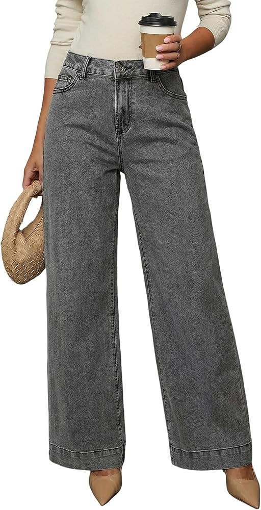 DOKOTOO Women's Casual High Waisted Jeans Stretch Button Wide Leg Loose Denim Pants with Pockets | Amazon (US)