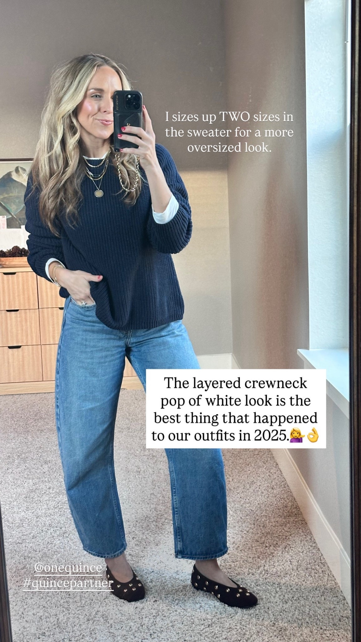 These Quince winter basics are soooo good! I love classic timeless pieces and these check all the boxes + are a crazy good price for the quality. 💁‍♀️👌

T-shirt: TTS
Sweater: I went up two full sizes for a more relaxed fit 
Coat: TTS 

@onequince #quincepartner 