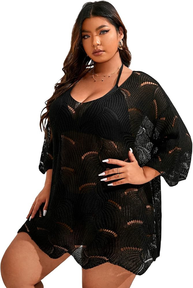 MakeMeChic Women's Plus Size Crochet Swimsuit Cover Up Sheer Beach Dress | Amazon (US)