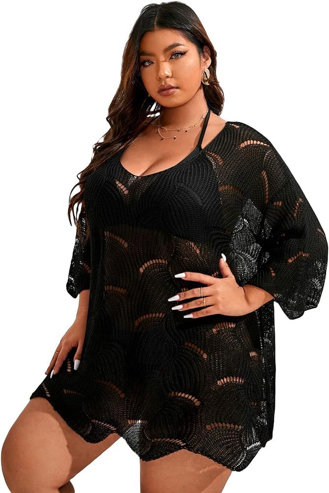 MakeMeChic Women's Plus Size Swimsuit Crochet Cover Up Bathing Suit Beach Dress | Amazon (US)
