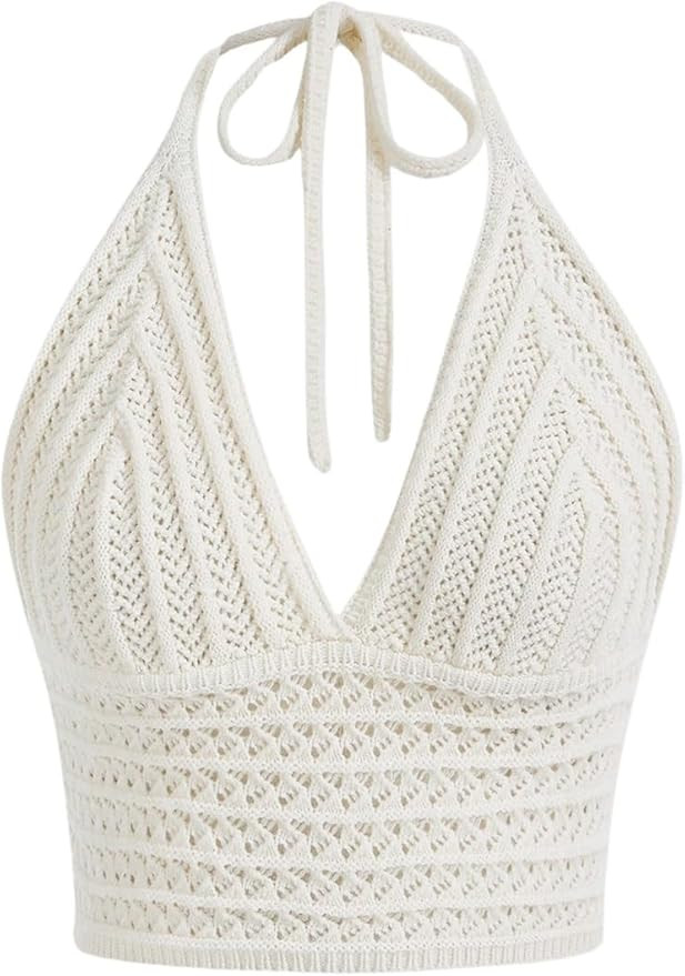 MakeMeChic Women's Crochet Tie Back Cropped Camisole Slim Fit Sleeveless Boho Shirts Knitted Halt... | Amazon (US)