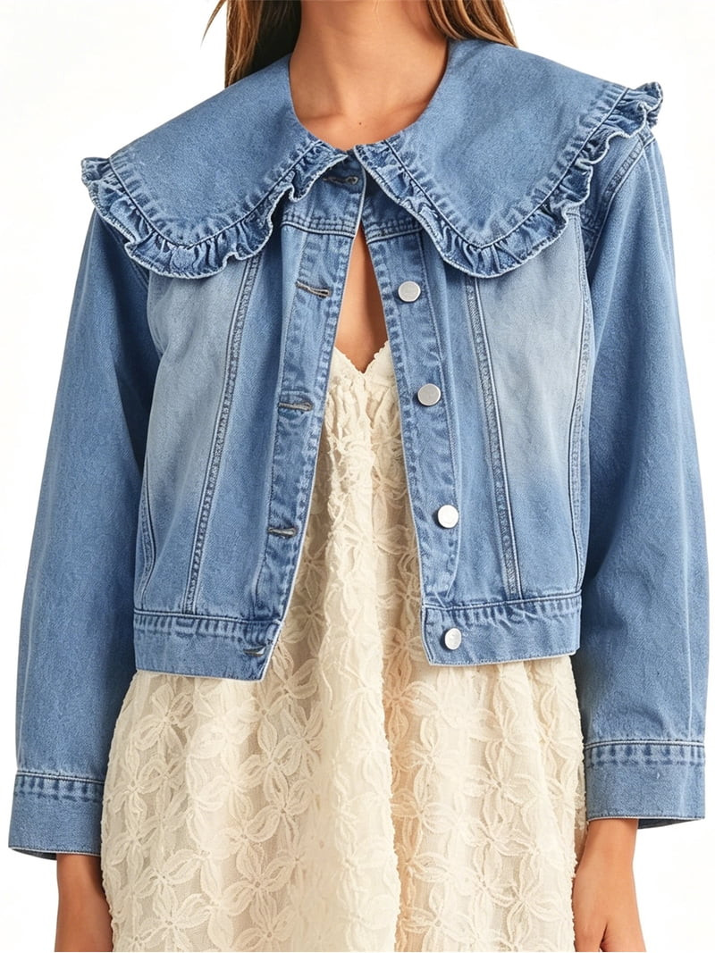 Women Casual Denim Jacket Long Sleeve Collared Shirt Coat with Pockets | Walmart (US)