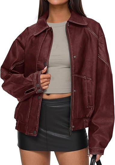 PRETTYGARDEN Faux Leather Jacket Women Bomber Motorcycle Zip Up Jackets Oversized Fall Fashion Ou... | Amazon (US)